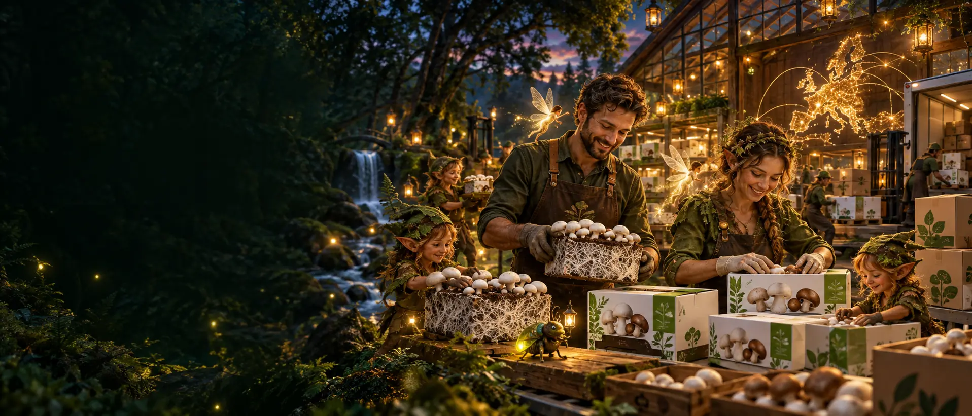 Partenaires ProChampi préparant des Champi Kits avec des animaux fantastiques dans une forêt lumineuse